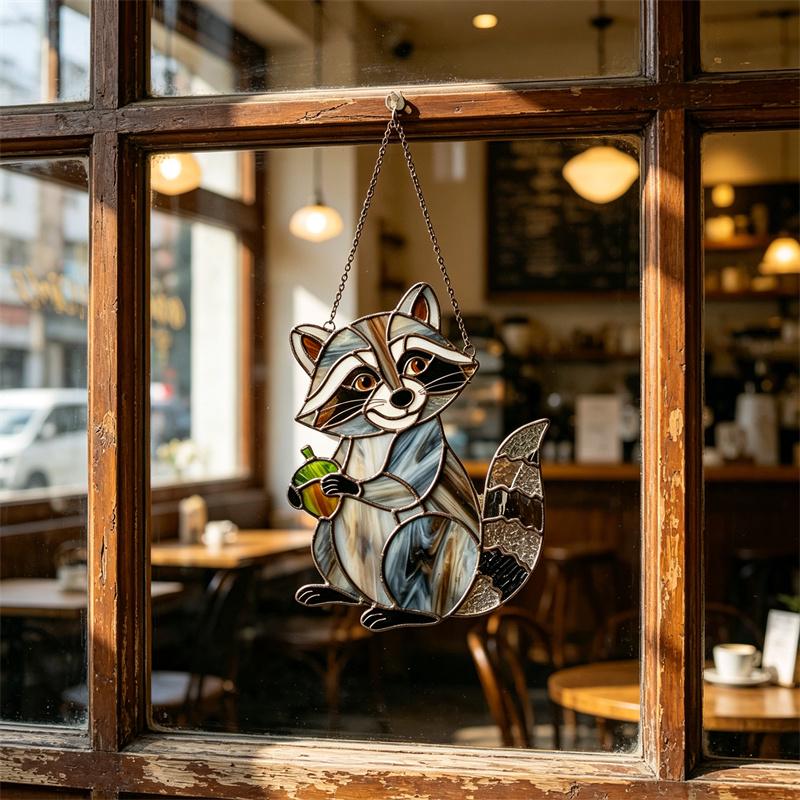 Rainbow Raccoon Glass Suncatcher