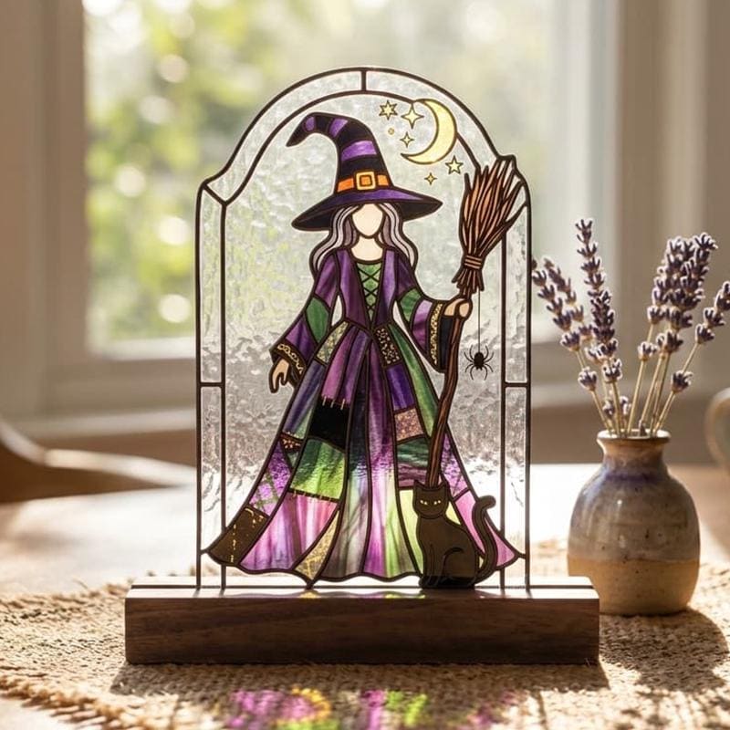 Witch and Black Cat Glass Decor
