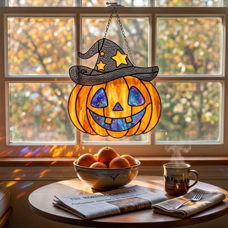 Witch Hat Pumpkin Glass Suncatcher
