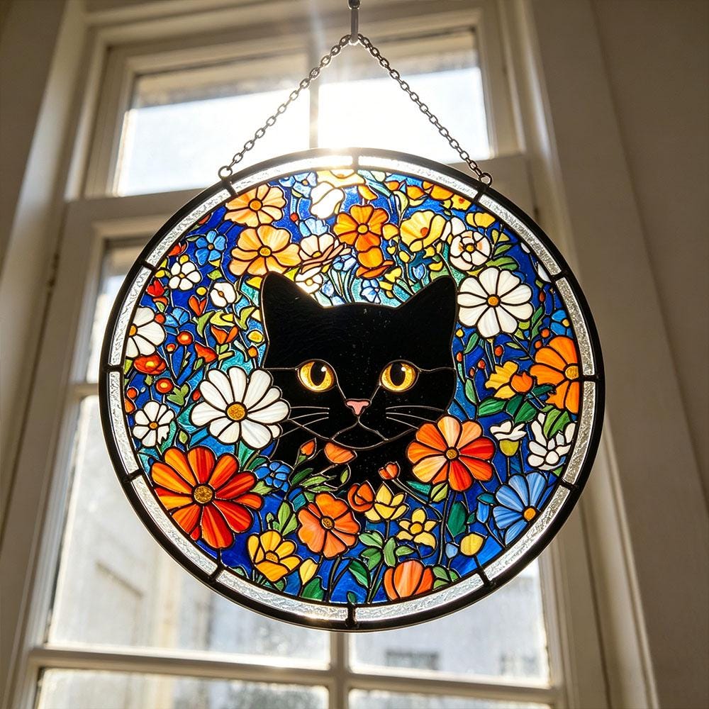 Black Cat Floral Glass Suncatcher
