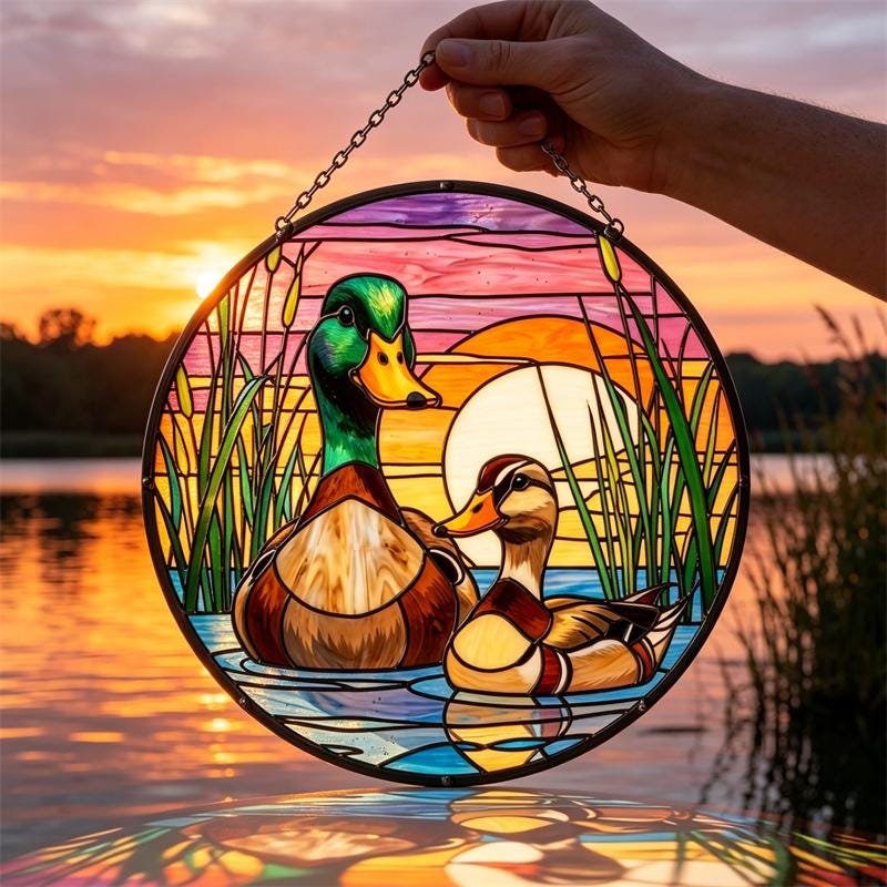 Sunset Duck Couple Glass Wall Hanging