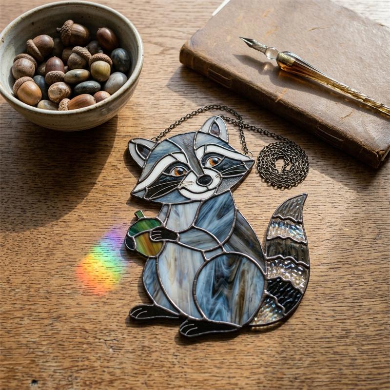 Rainbow Raccoon Glass Suncatcher