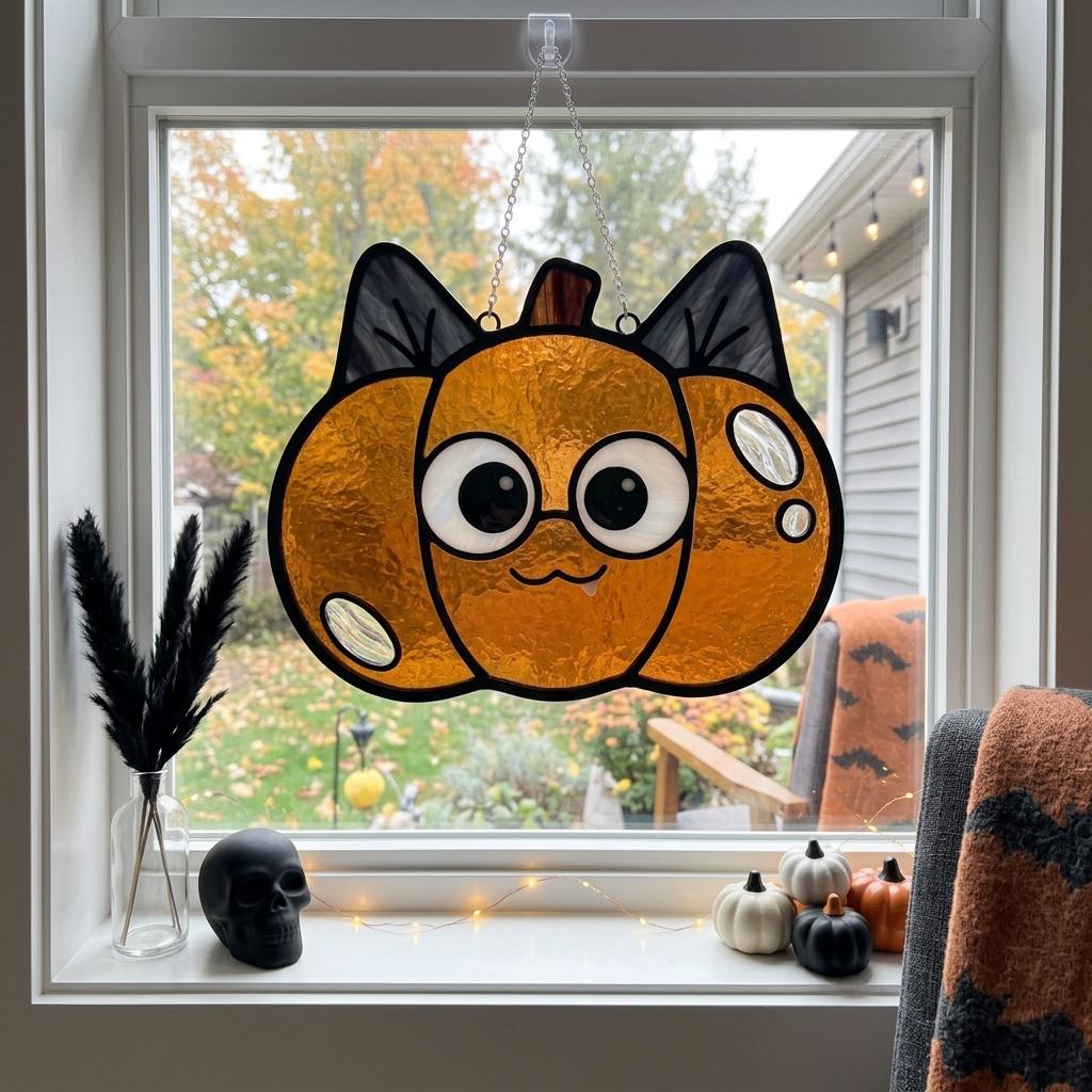 Cat Pumpkin Glass Suncatcher