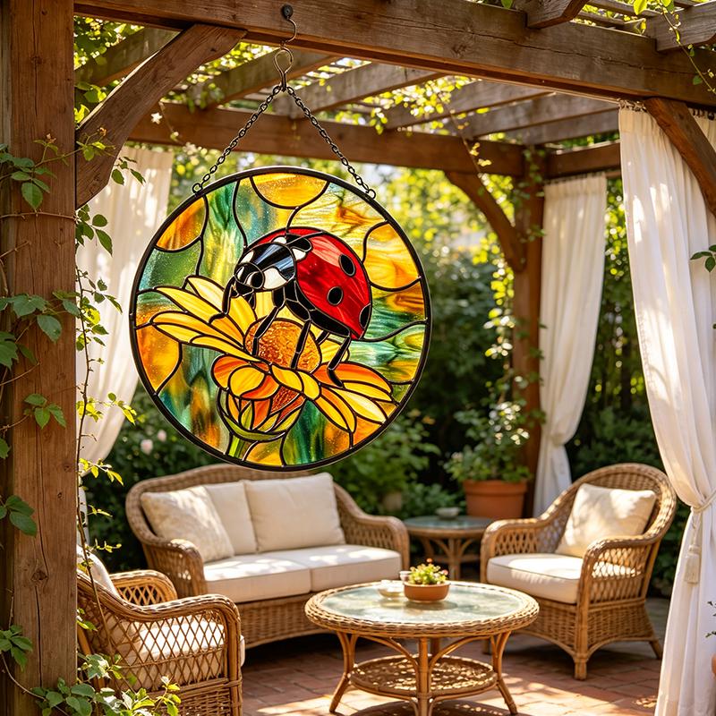 Ladybug Chrysanthemum Glass Suncatcher