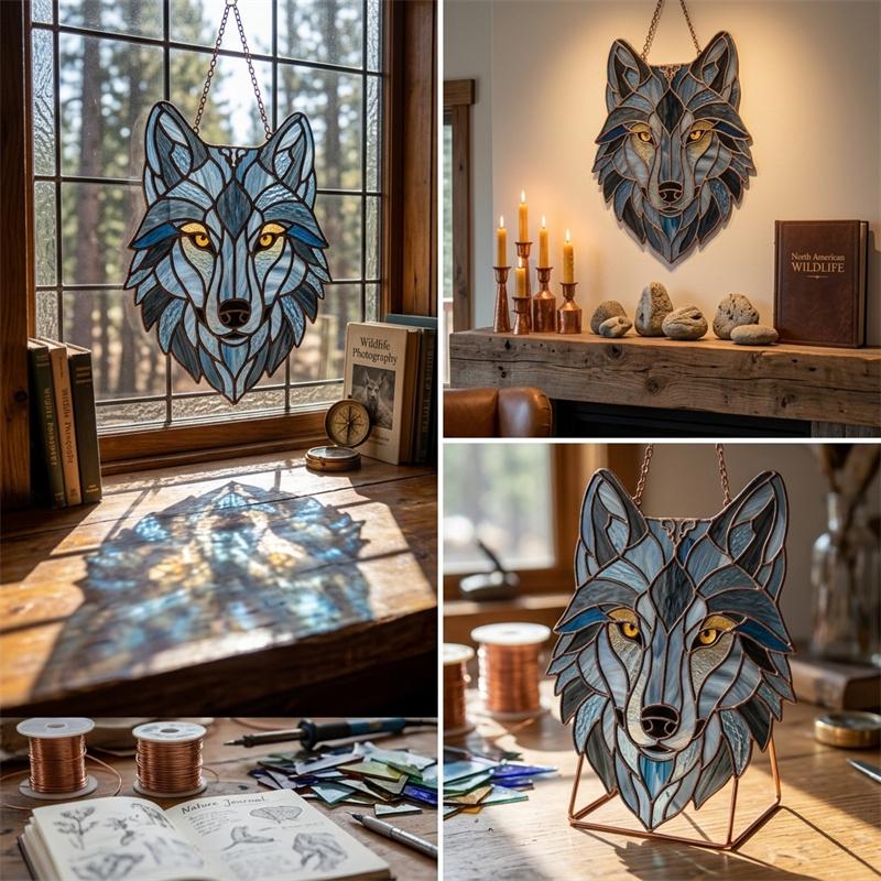 Blue and Amber Wolf Glass Suncatcher