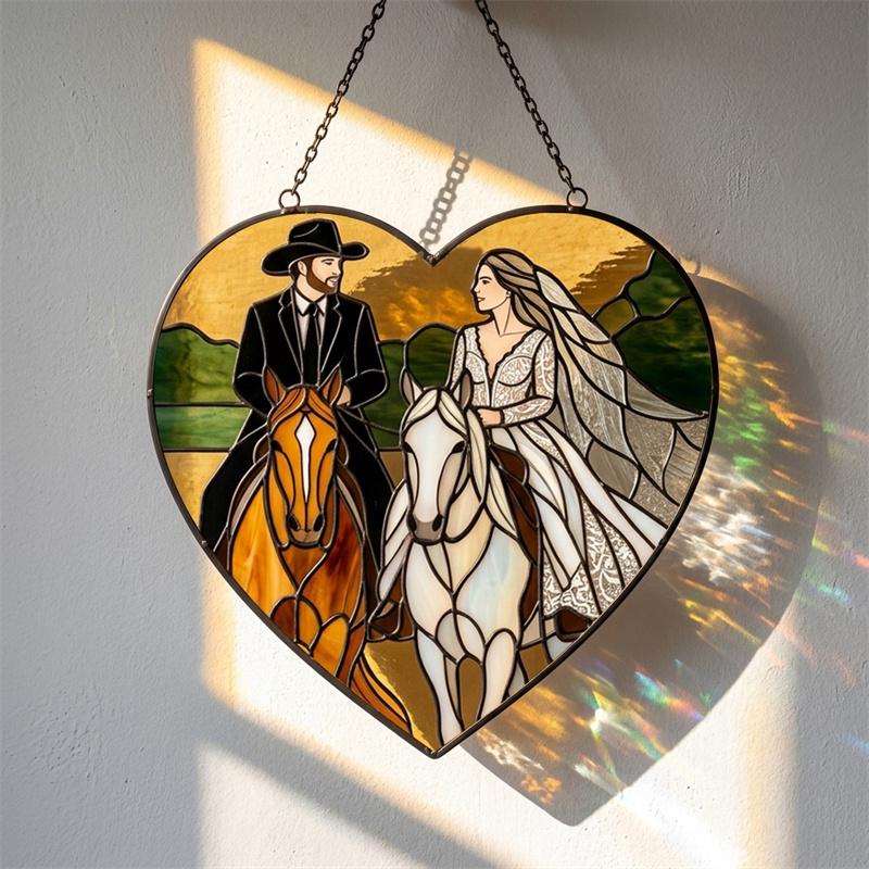 Bride and Groom Horse Heart Glass Suncatcher