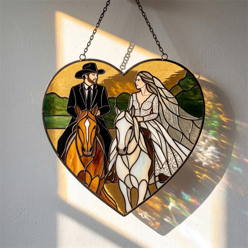 Bride and Groom Horse Heart Glass Suncatcher