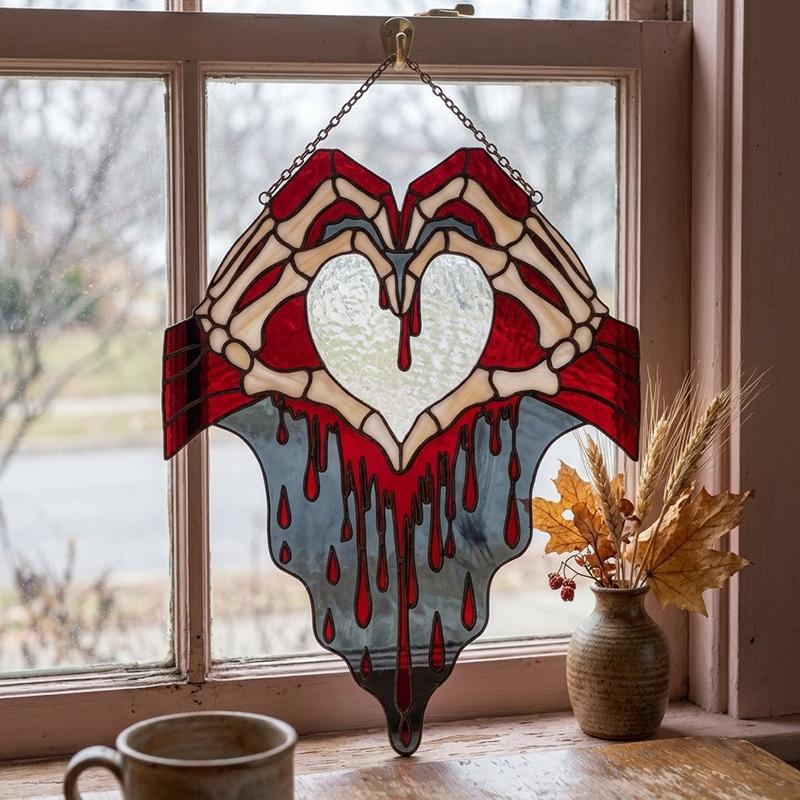 Skeleton Hands Heart Glass Suncatcher