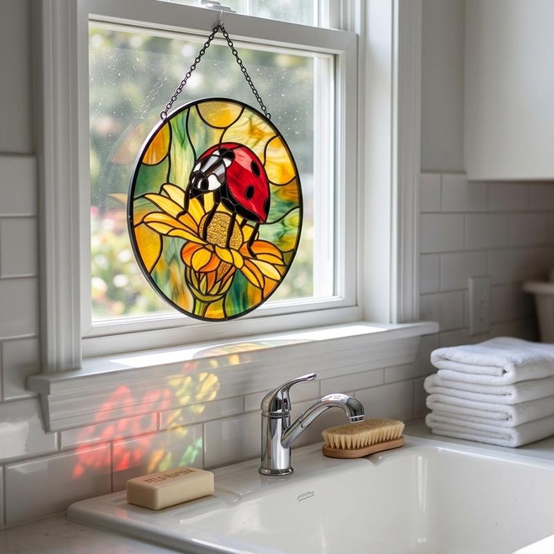 Ladybug Chrysanthemum Glass Suncatcher