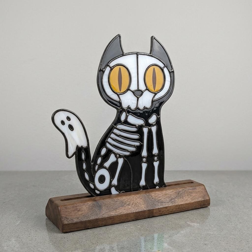 Skeleton Cat Glass Decor