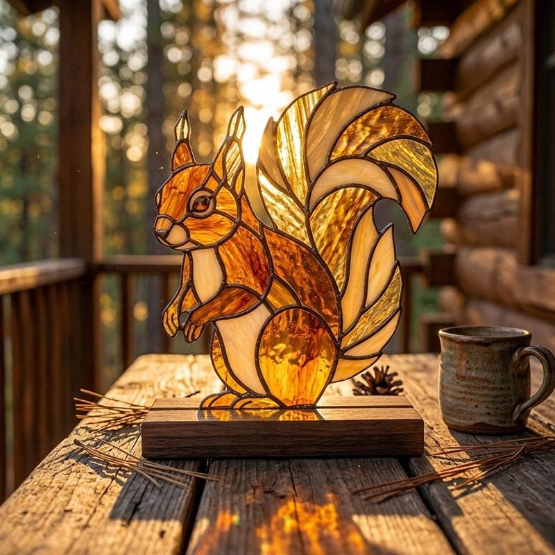 Squirrel Glass Decor with Walnut Base