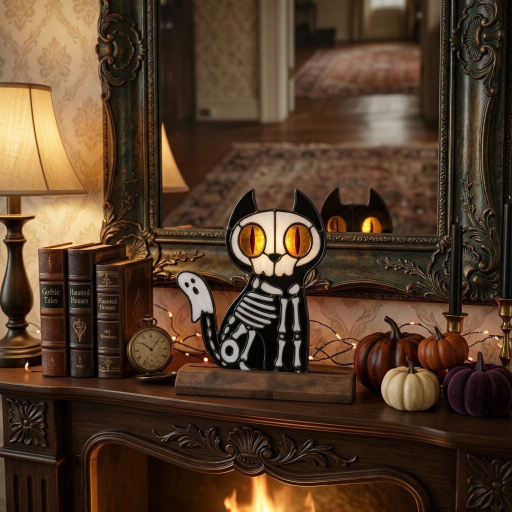 Skeleton Cat Glass Decor