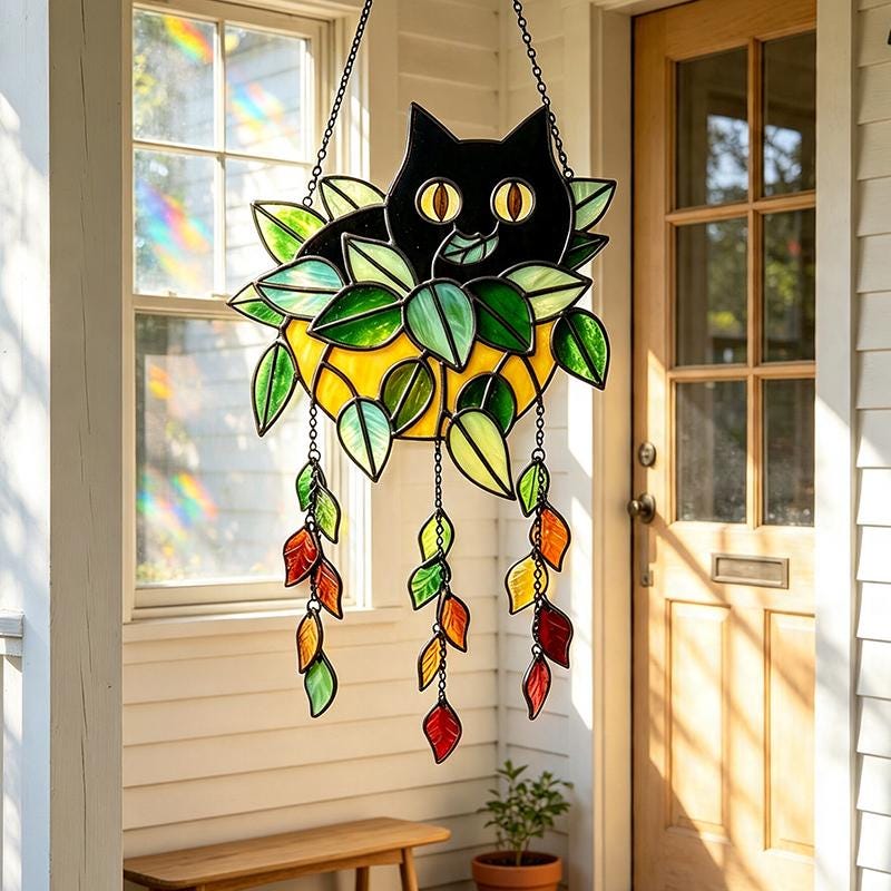 Black Cat Planter Glass Suncatcher