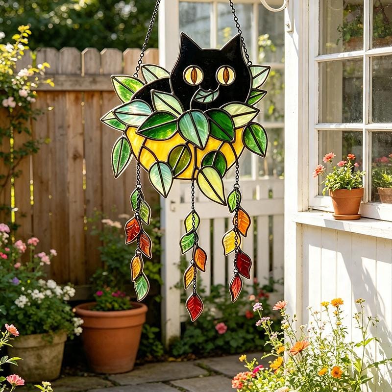Black Cat Planter Glass Suncatcher