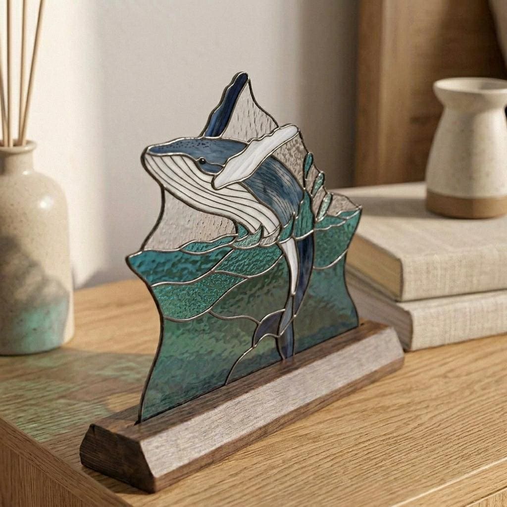 Breaching Whale and Mountain Glass Decor