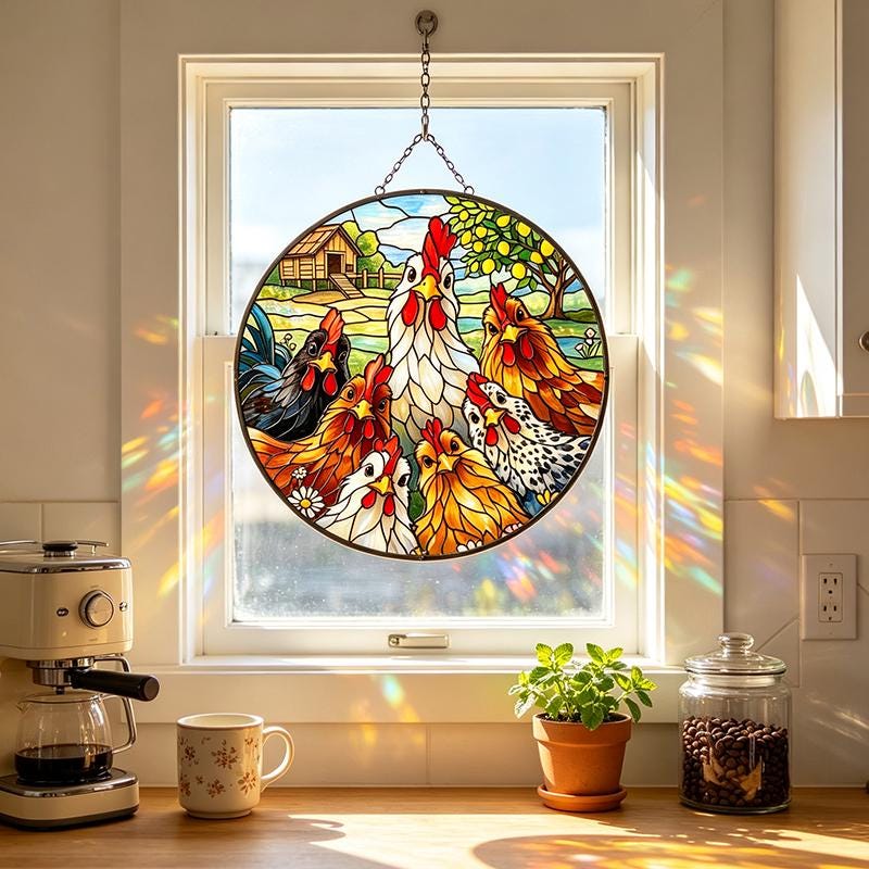 Chicken Family Glass Suncatcher