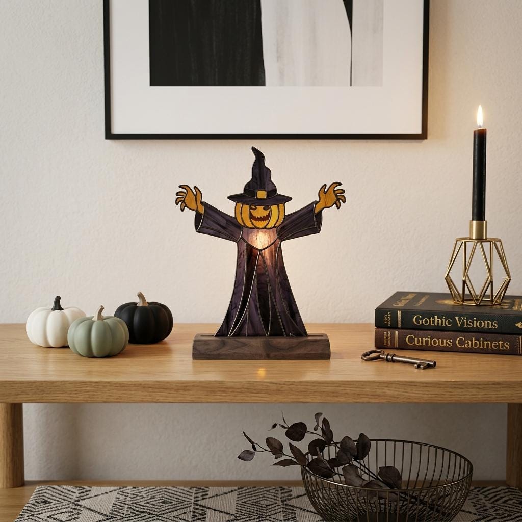 Pumpkin Witch Scarecrow Glass Decor
