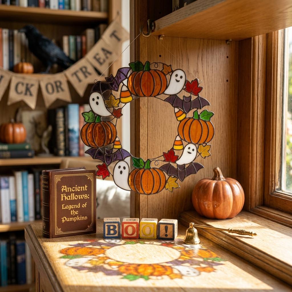 Ghost and Pumpkin Wreath Glass Suncatcher