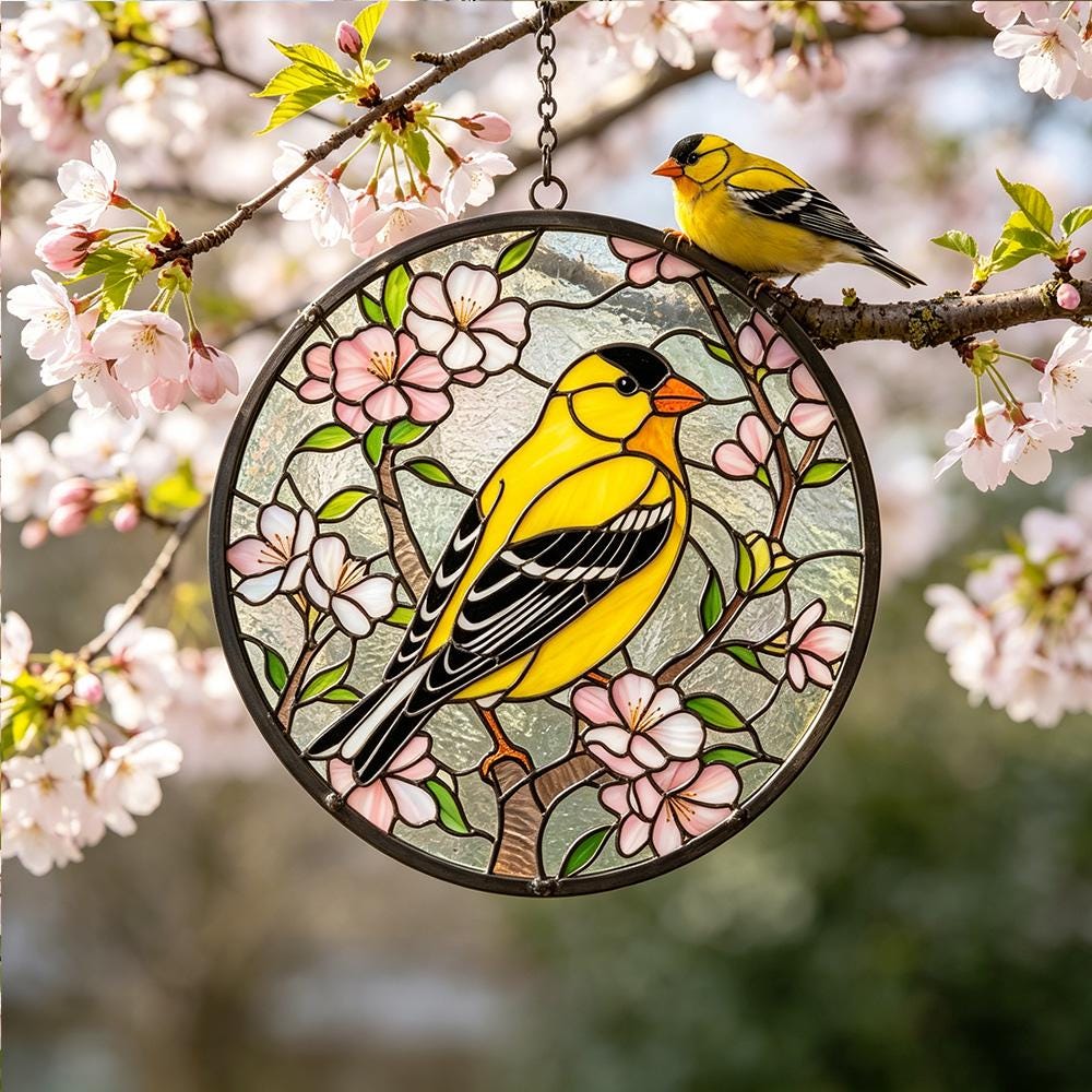 Goldfinch Cherry Blossom Glass Suncatcher
