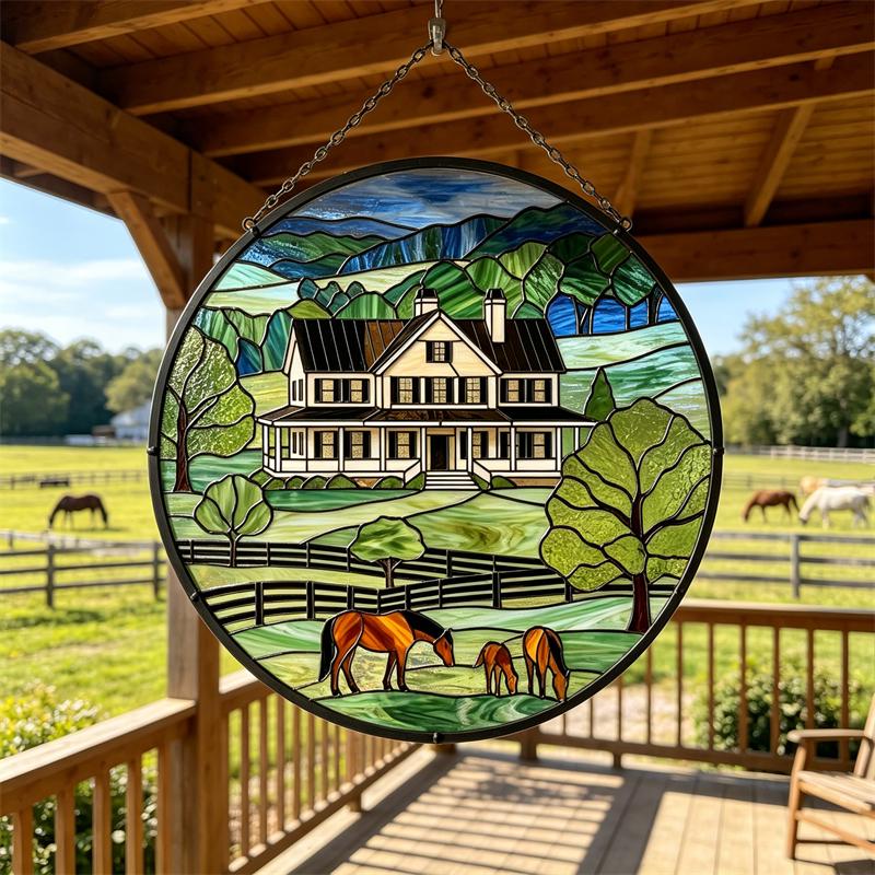 Farmhouse and Horses Glass Panel