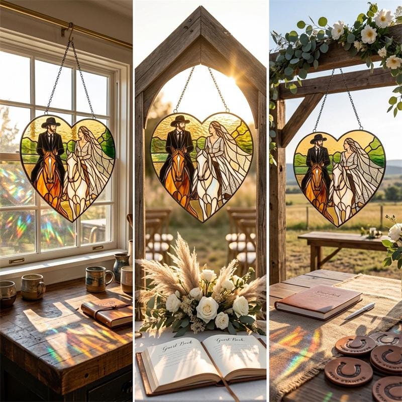 Bride and Groom Horse Heart Glass Suncatcher