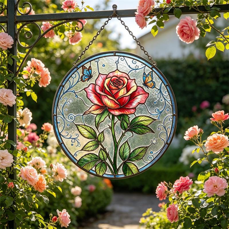 Rose and Butterfly Glass Wall Hanging