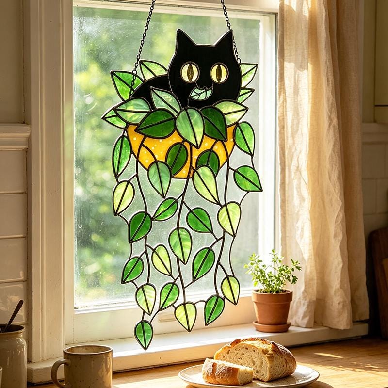 Black Cat Trailing Leaves Glass Suncatcher