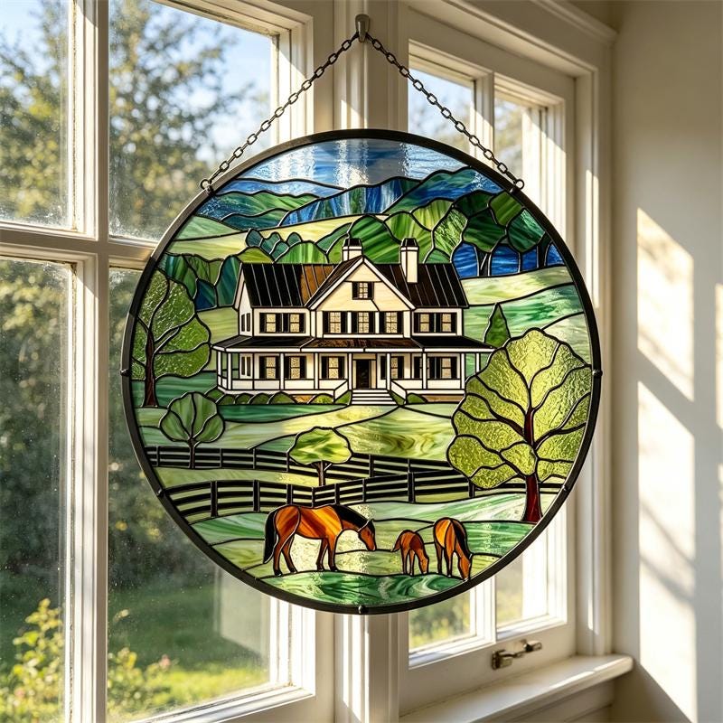 Farmhouse and Horses Glass Panel