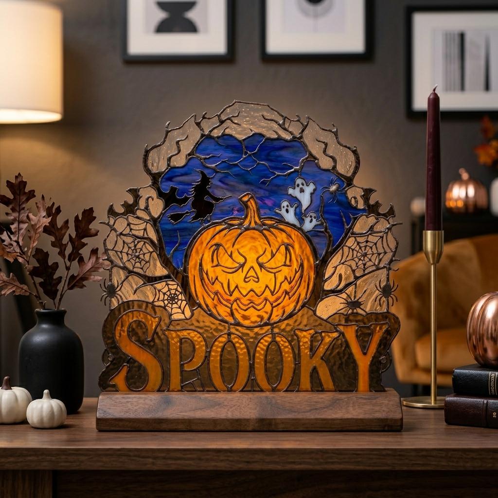 Witch and Ghost Pumpkin Glass Decor
