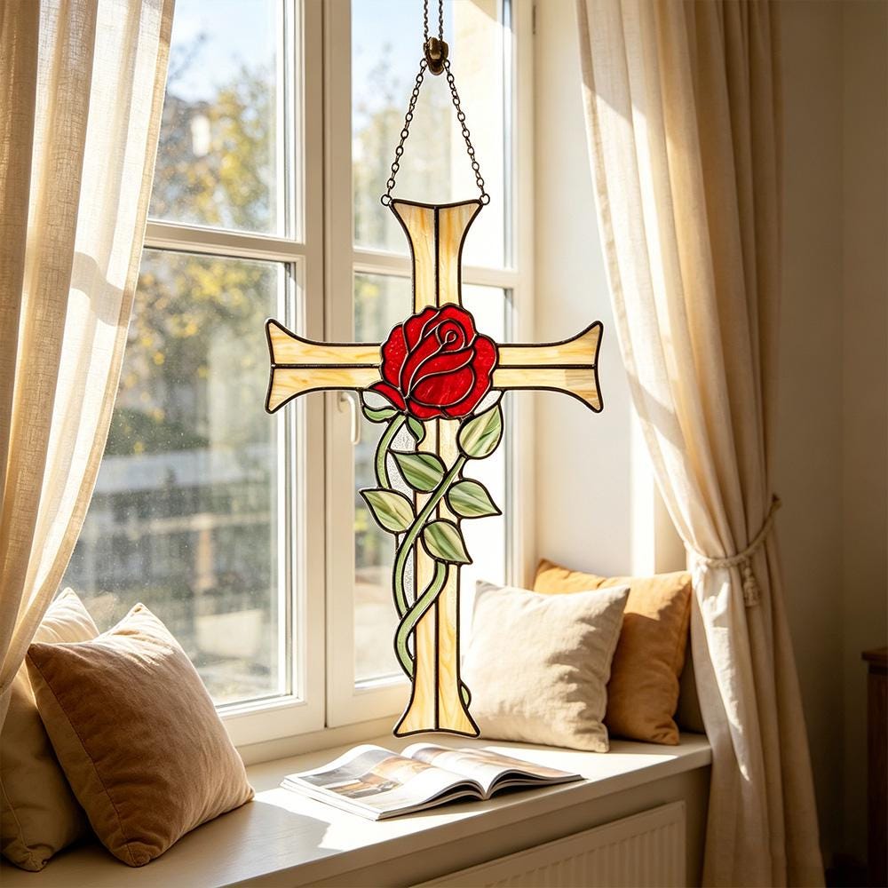 Red Rose Cross Glass Art
