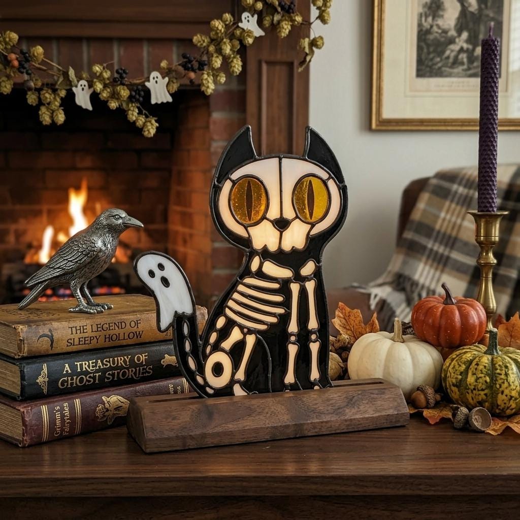Skeleton Cat Glass Decor