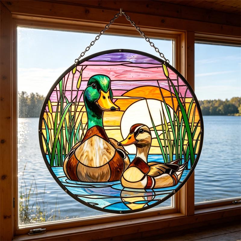 Sunset Duck Couple Glass Wall Hanging