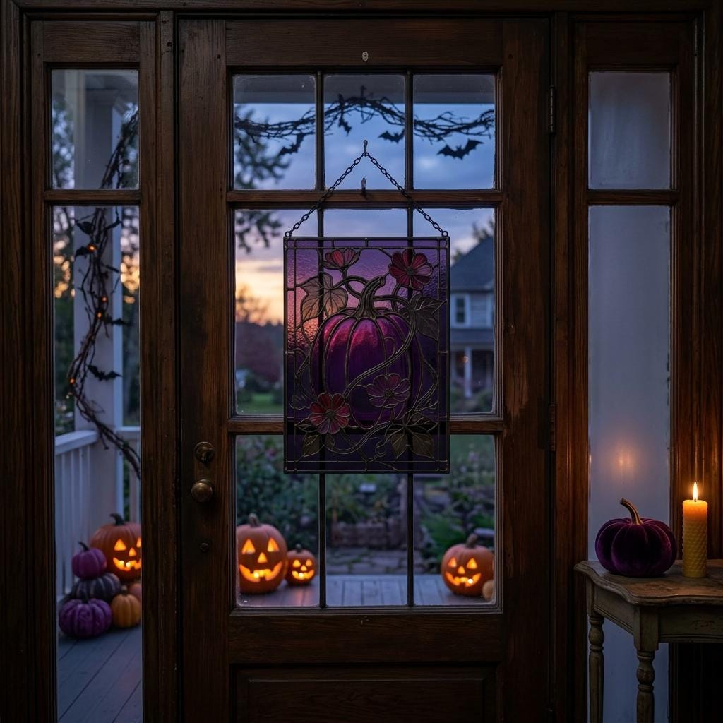 Purple Floral Pumpkin Glass Suncatcher