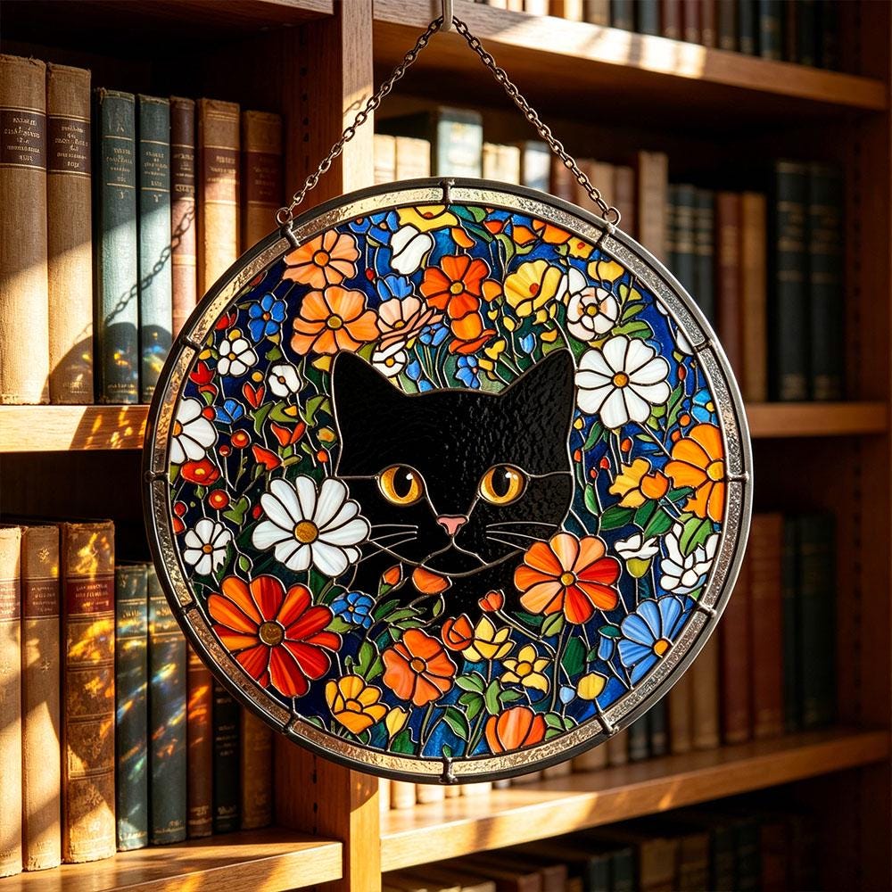Black Cat Floral Glass Suncatcher