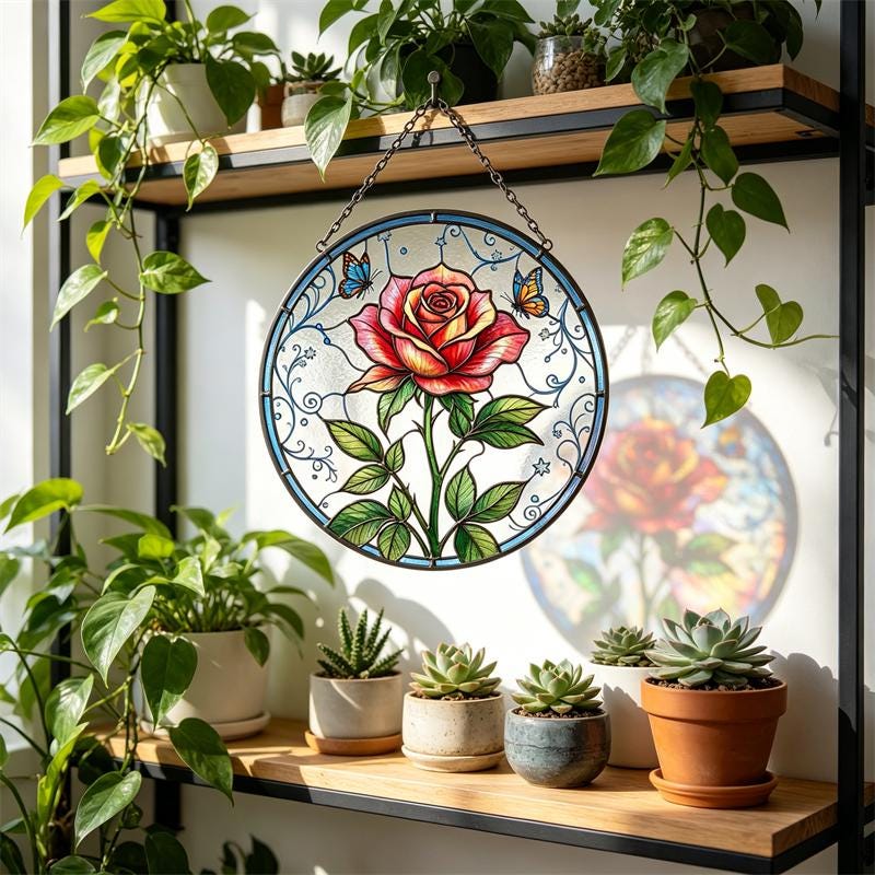 Rose and Butterfly Glass Wall Hanging