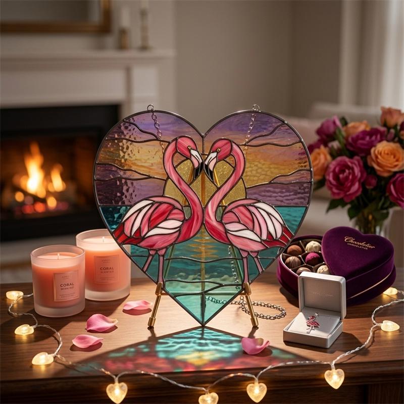 Flamingo Heart Glass Suncatcher