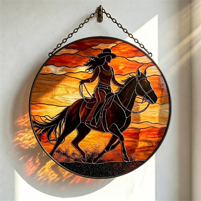 Sunset Cowgirl and Horse Glass Suncatcher