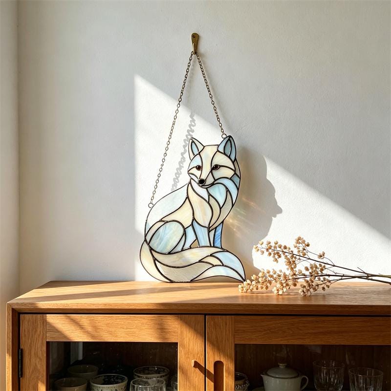 Blue and White Fox Glass Suncatcher