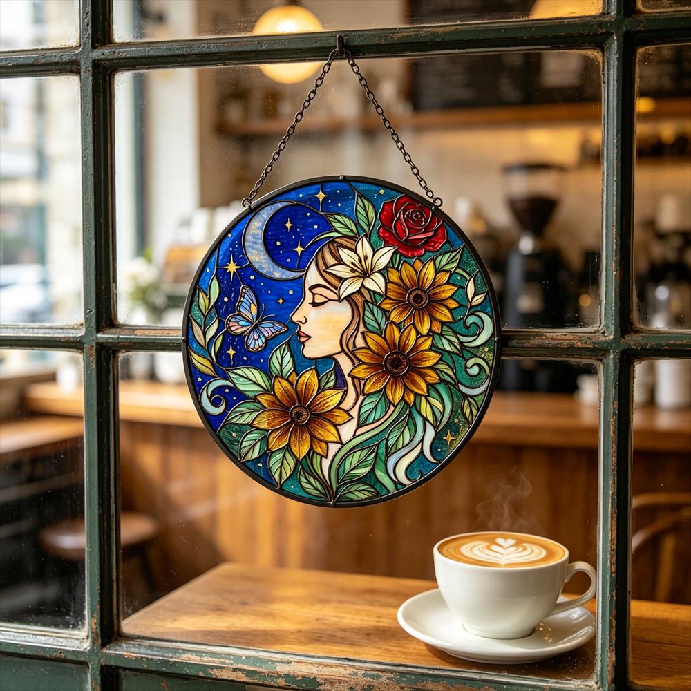 Moon and Butterfly Floral Glass Art