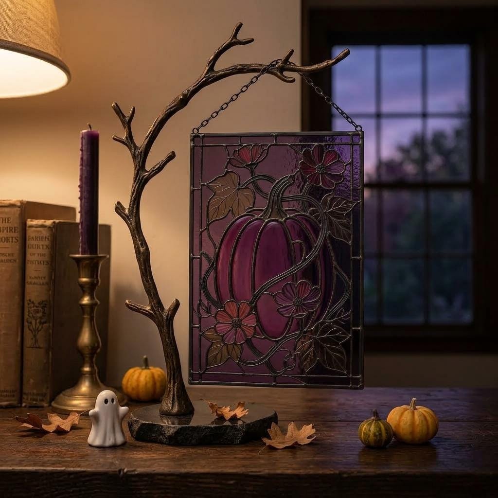 Purple Floral Pumpkin Glass Suncatcher