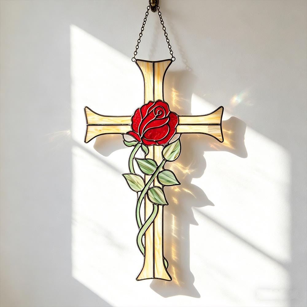 Red Rose Cross Glass Art