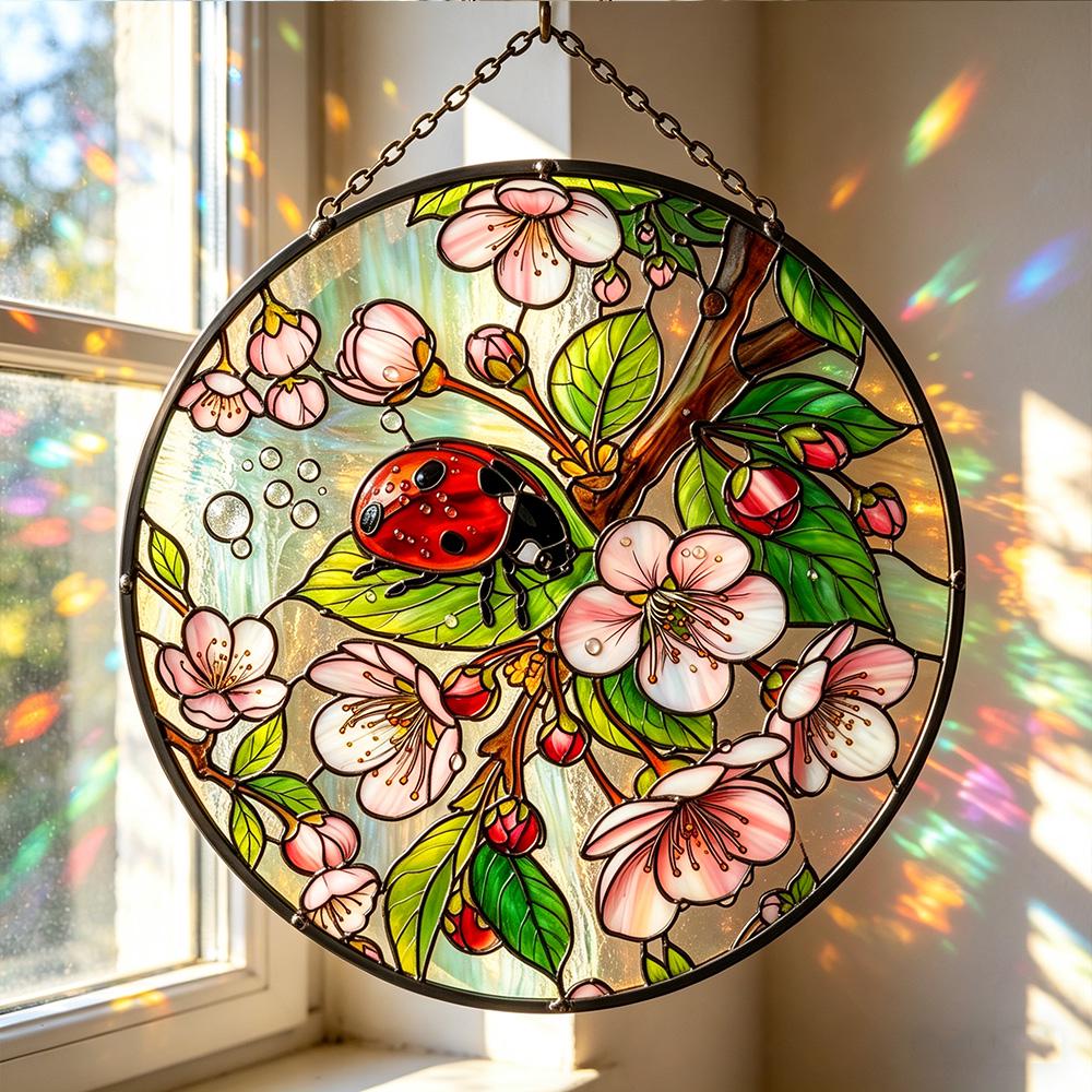 Ladybug Cherry Blossom Glass Suncatcher