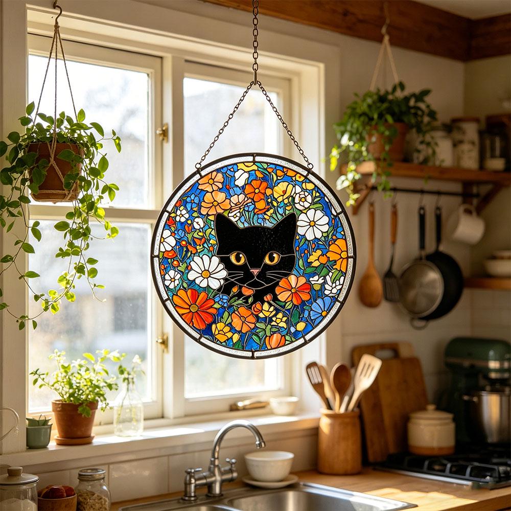 Black Cat Floral Glass Suncatcher