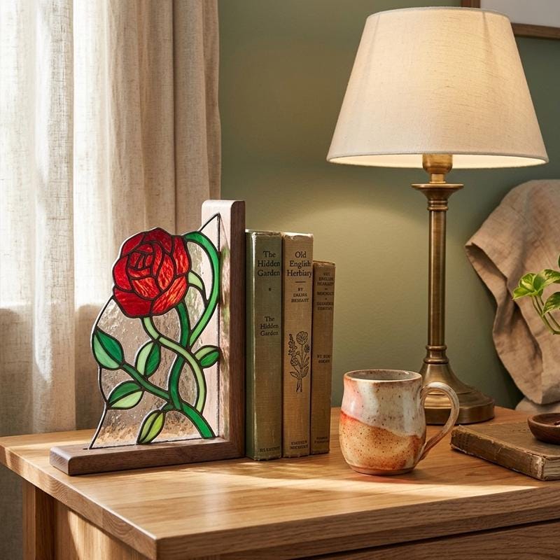 Rose and White Flower Glass Bookends