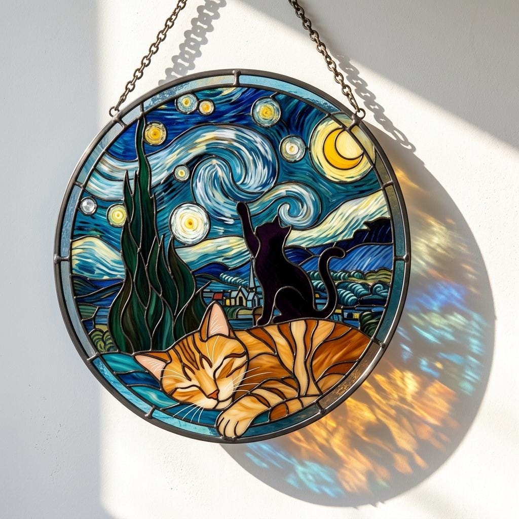 Starry Night Cats Glass Art