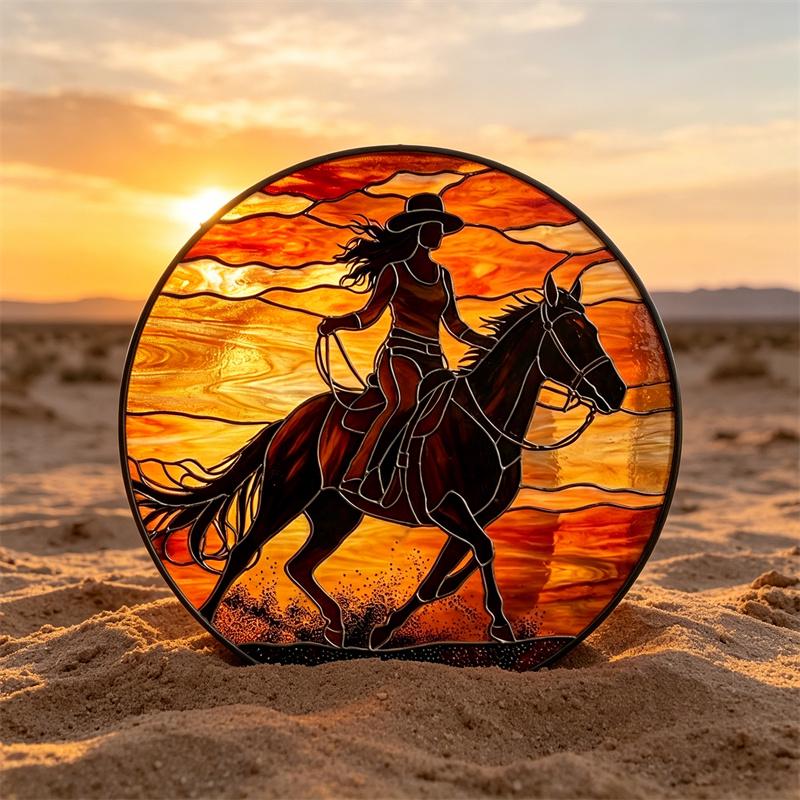 Sunset Cowgirl and Horse Glass Suncatcher