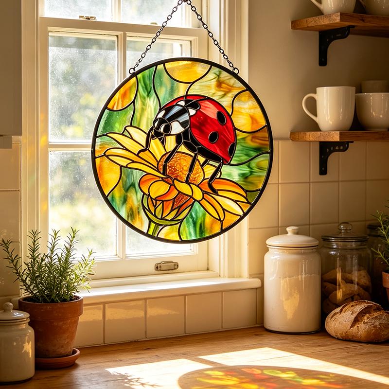 Ladybug Chrysanthemum Glass Suncatcher