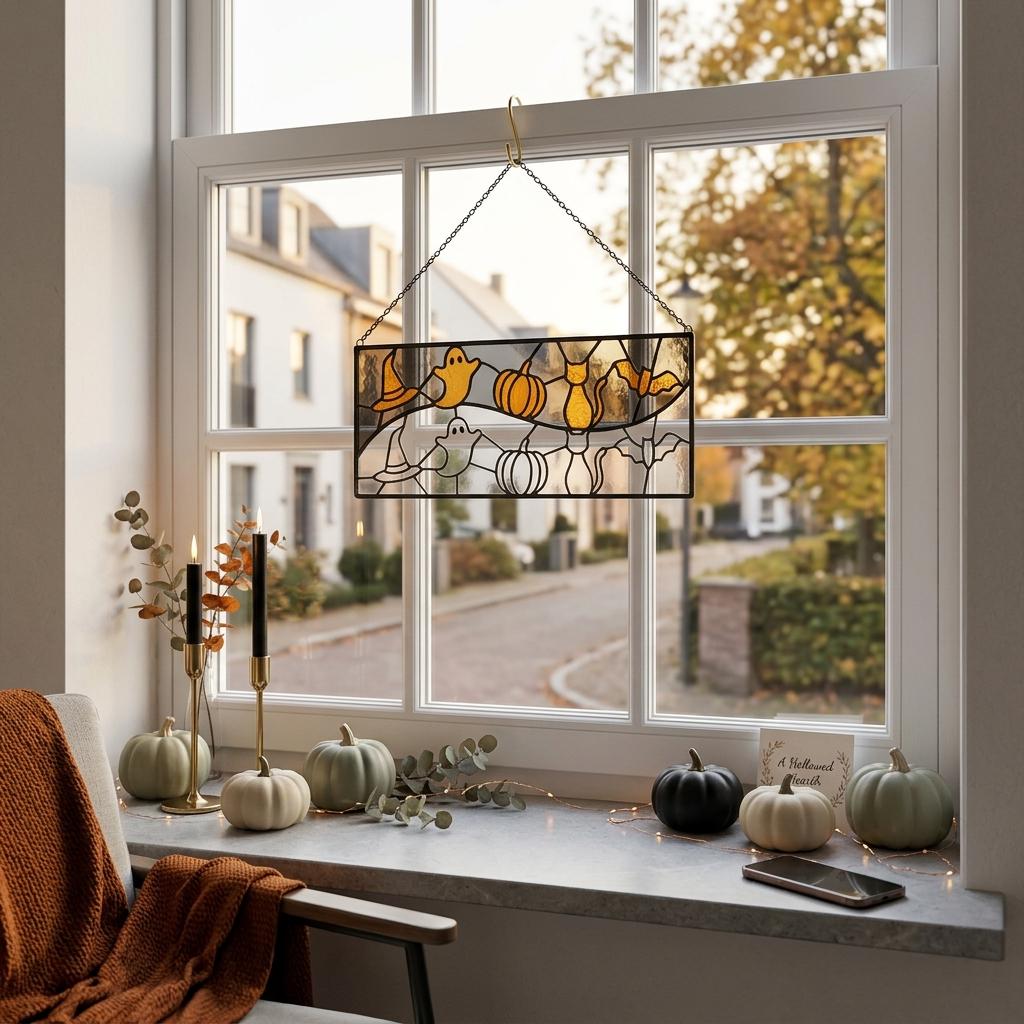 Ghost and Pumpkin Halloween Glass Panel