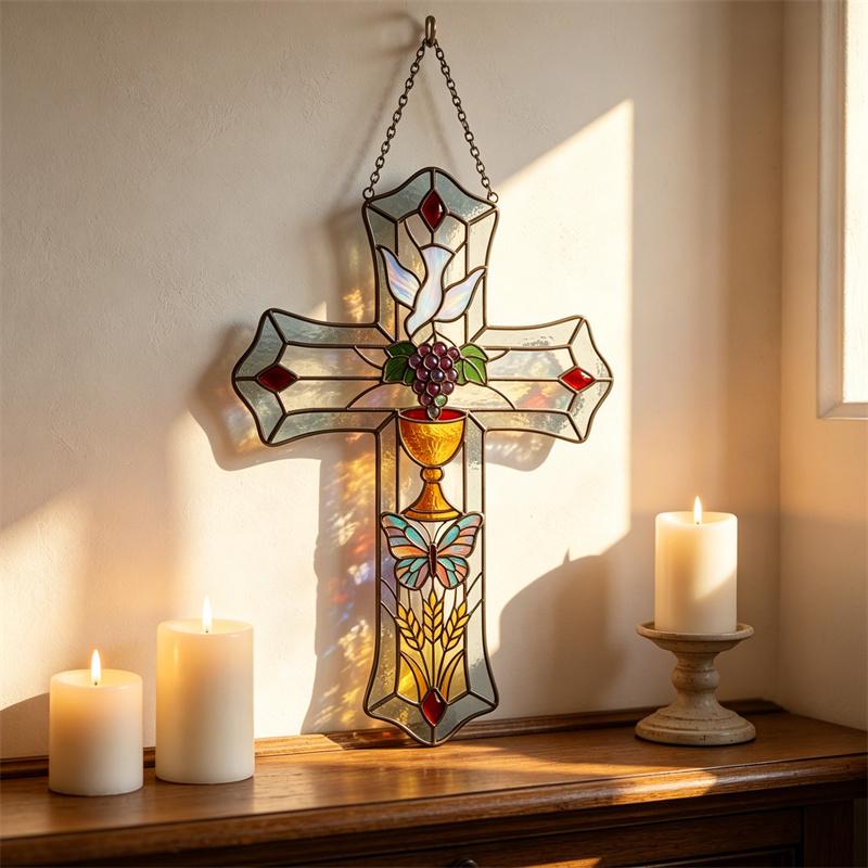 Butterfly and Grape Cross Glass Art