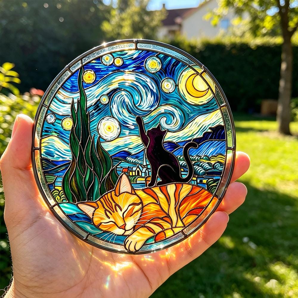 Starry Night Cats Glass Art